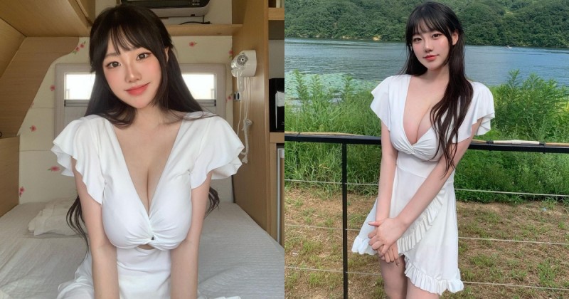 20歲「南韓巨乳妹」房車旅行慶生！純白小洋裝也包不住「兇猛豪乳」！