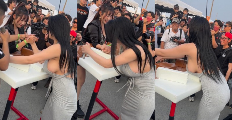 【6upoker】超巨側乳正妹比腕力壓倒性勝利　超大胸肌讓圍觀民眾瘋狂！