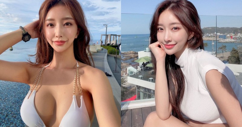 【6upoker】美乳姐姐「比基尼托住飽滿巨乳」，「兩顆車頭燈」實在太明顯！