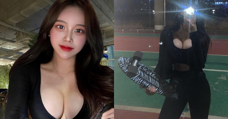 【6upoker】白皙長髮正妹「深夜爆乳玩滑板」，渾圓飽滿的「巨大車頭燈」有夠搶眼！