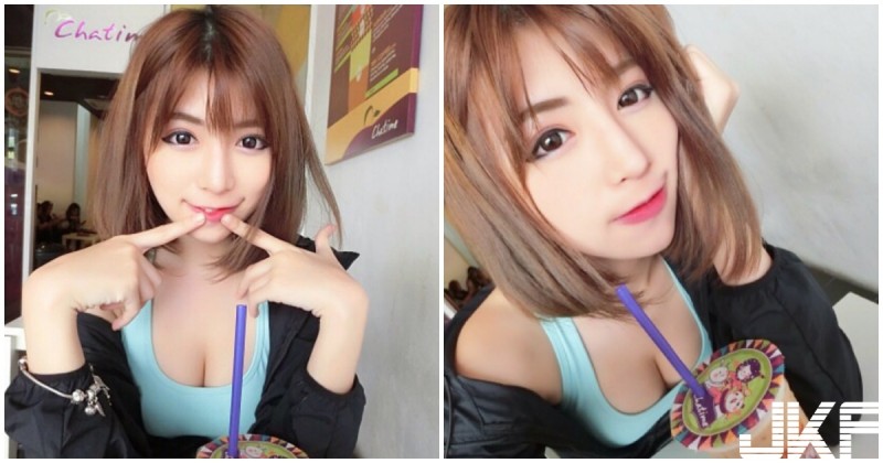 【6upoker】俏皮短髮女甜心！　穿「低胸背心」喝飲料，「飽滿深溝」真的好挺喔！